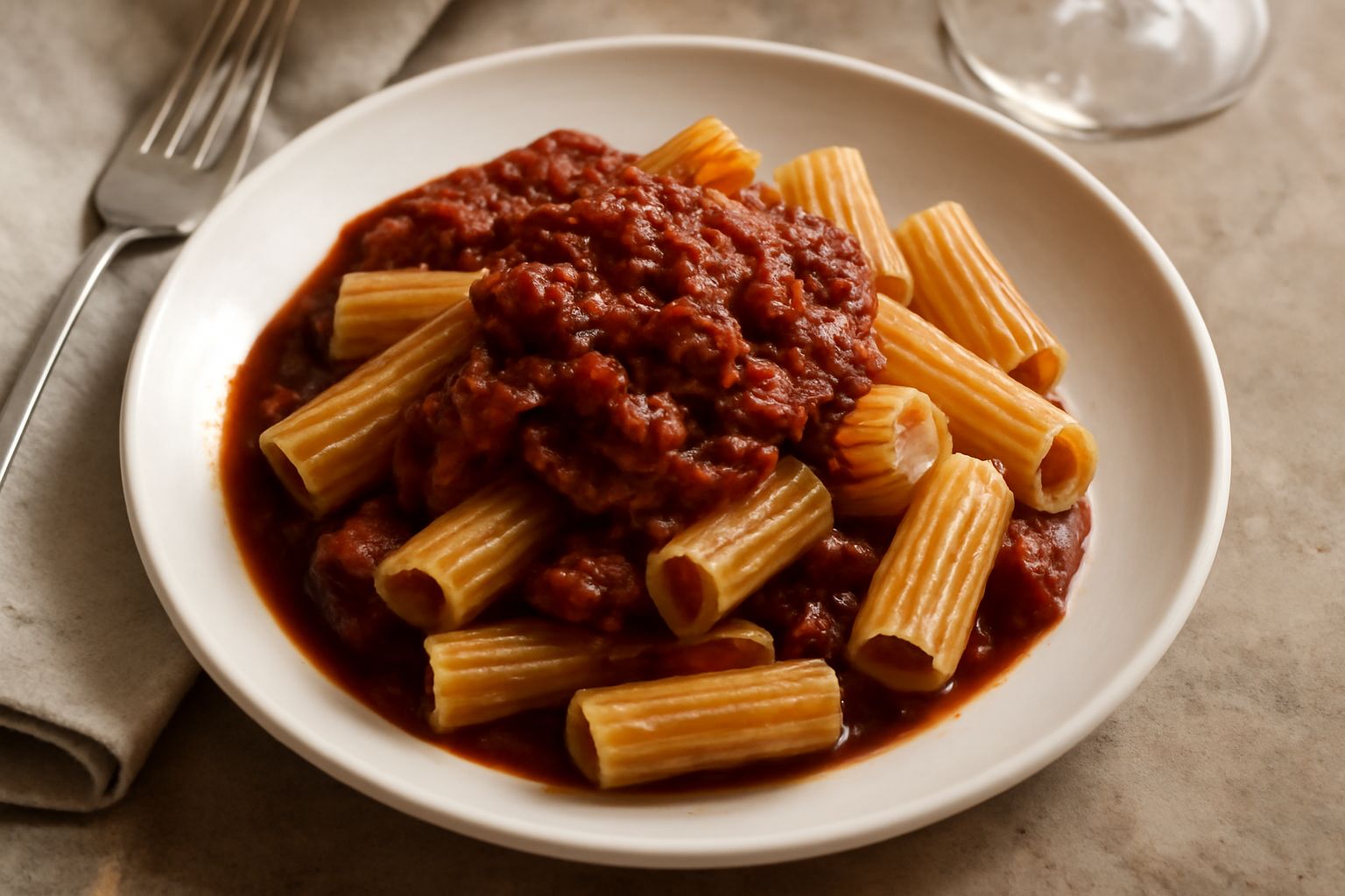 Ragù di carne e vino servito su pasta fresca in un piatto bianco fondo, colore rosso scuro, carne visibile in piccoli frammenti, guarnito con grana grattugiato e basilico fresco