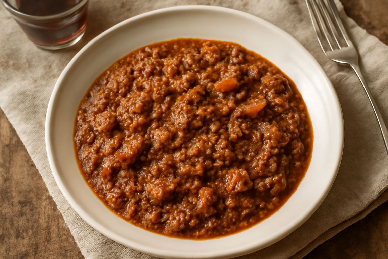 Una ciotola di ragù di carne mista color marrone scuro, denso e cremoso, servito in piatto bianco con sfumature di rosso dai pomodori, con spaghetti arrotolati in primo piano