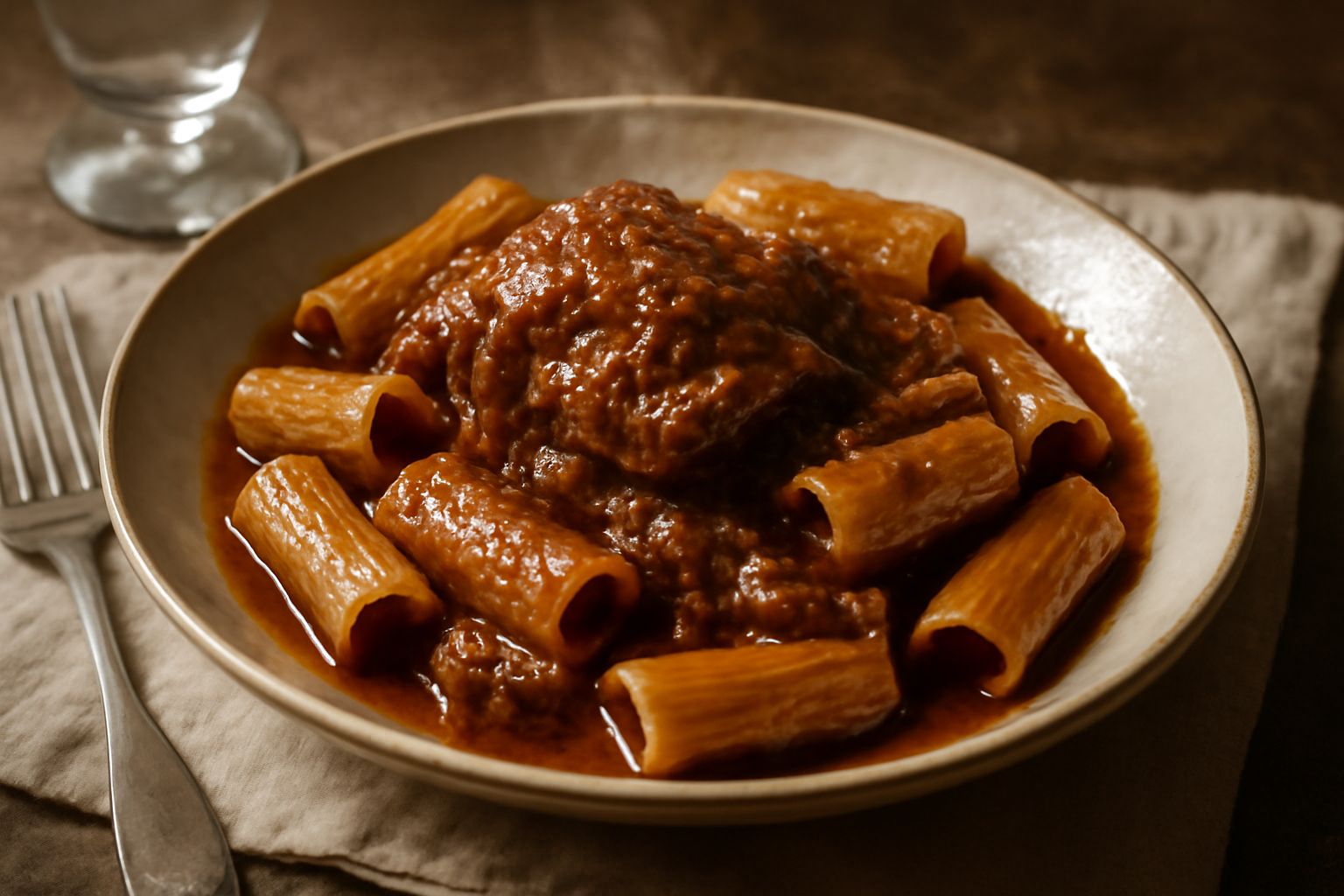 Un piatto fondo di pasta rigatoni ricoperta di ragù bruno scuro con pezzi di carne visibili, grattugiato di formaggio bianco, in un'umida luce naturale