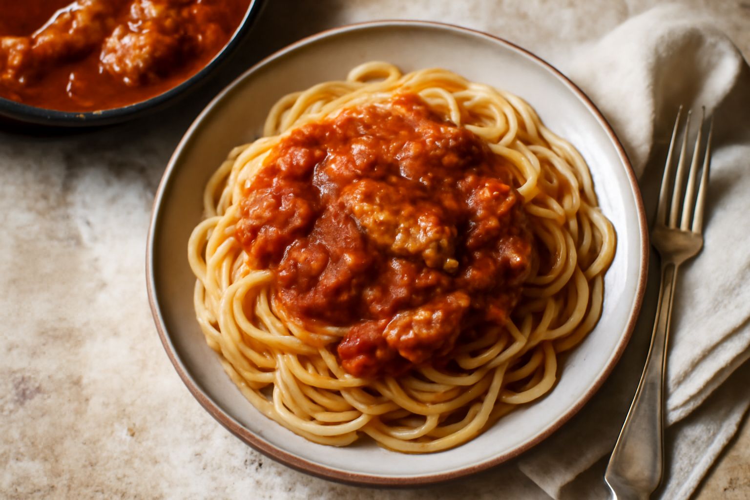 Ragù di coniglio in pentola: pezzi di carne bianca in un sugo rosso denso, accanto una ciotola di pasta pappardelle con il ragù versato sopra, guarnita di prezzemolo fresco