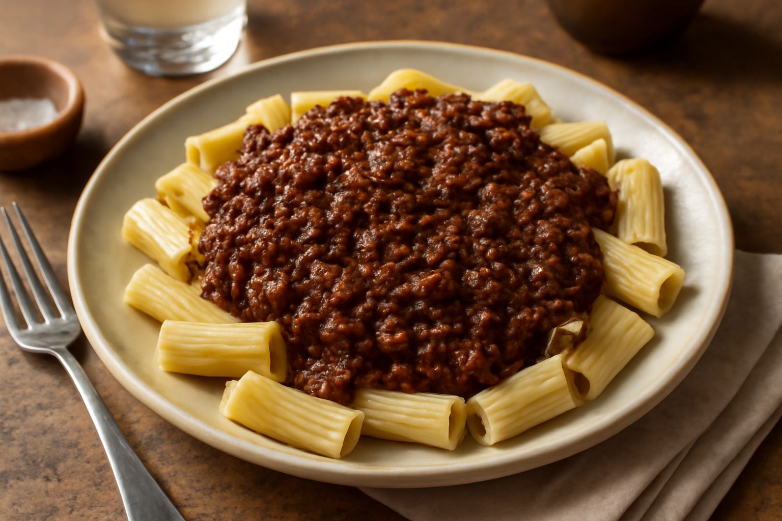 Ragù di conserva servito su un piatto bianco, denso e marrone intenso, con una consistenza umida visibile. Una porzione generosa di pasta attorcigliata al fondo del piatto, coperta da ragù grumoso e b