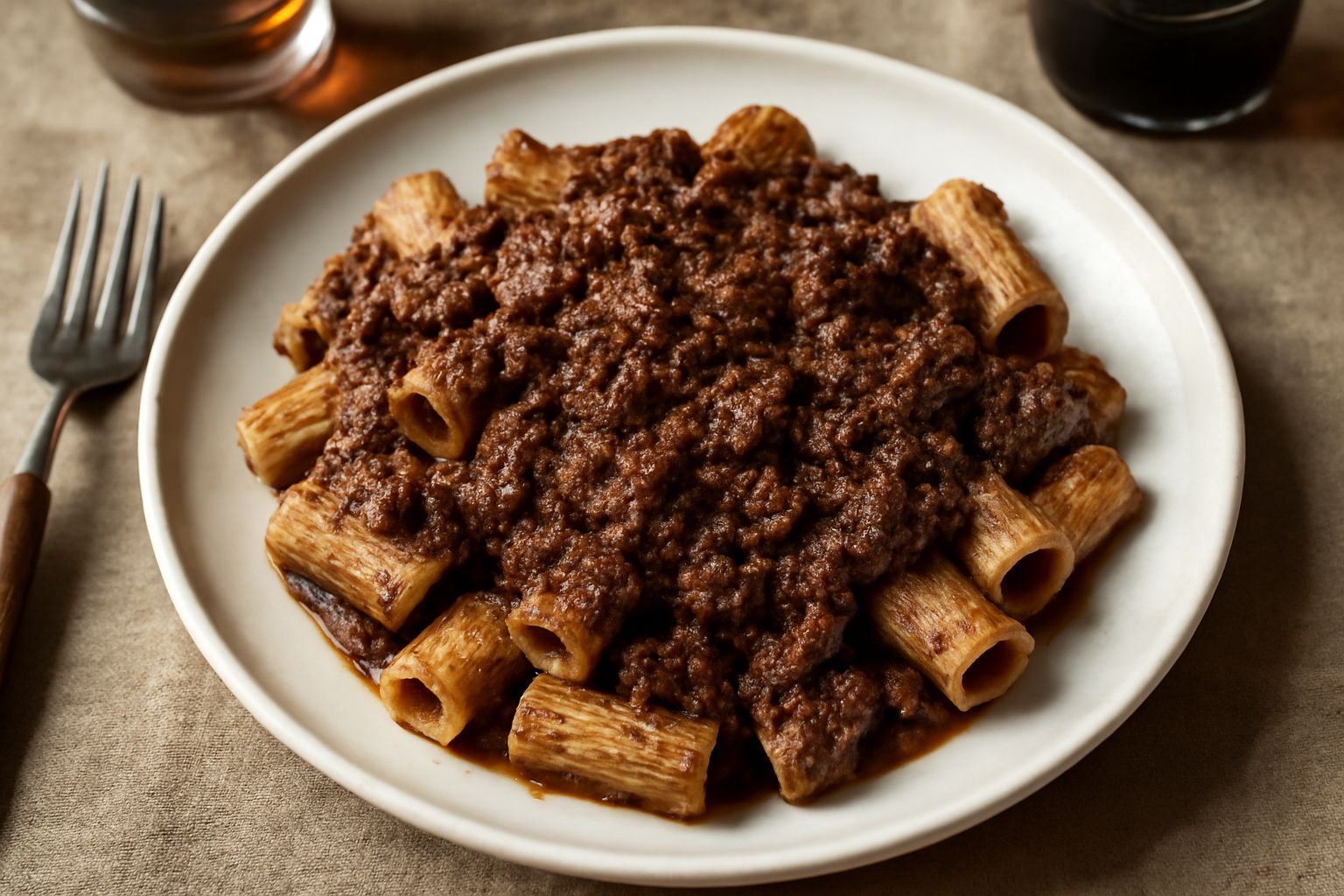 Ragù di lepre denso color marrone scuro in una ciotola bianca, con gocce di olio lucido in superficie, accanto a un cucchiaio di legno e rametti di rosmarino fresco