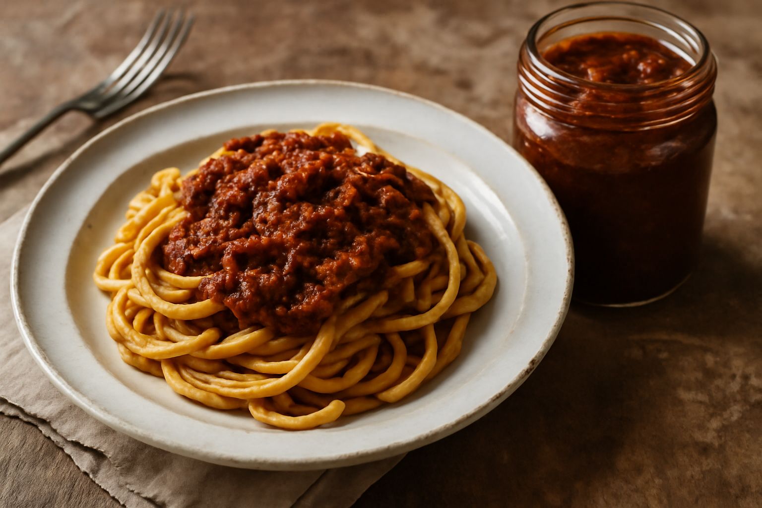 Barattoli di vetro con ragù di Lombardia di colore marrone scuro, chiusi con coperchi metallici, disposti su una superficie di legno con accanto un cucchiaio in legno e un ramo di rosmarino fresco