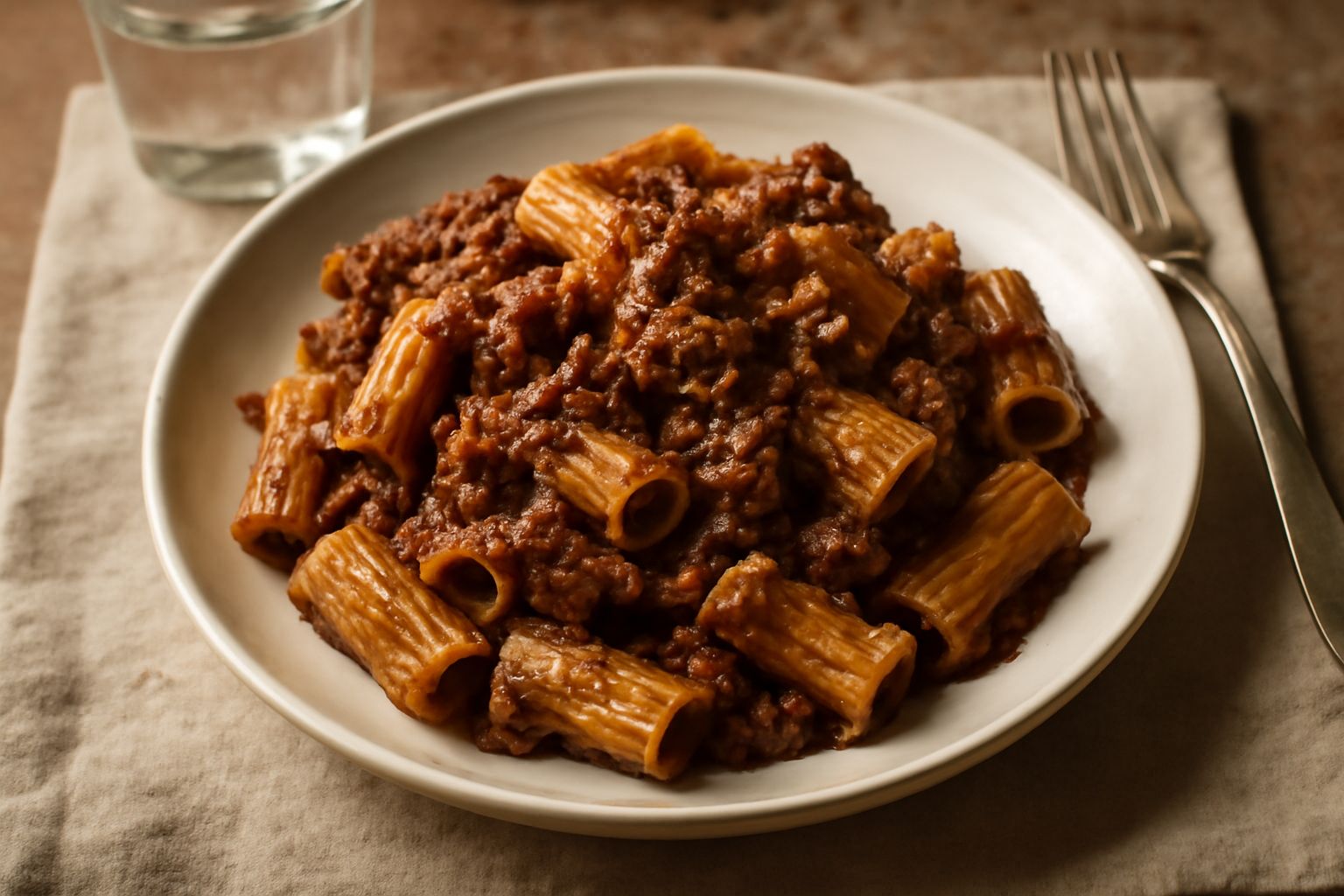 Ragù di maiale scuro e denso in un piatto bianco fondo, con pasta tagliatelle giallo scuro sottostante, guarnito con parmigiano grattugiato e una foglia di basilico fresco