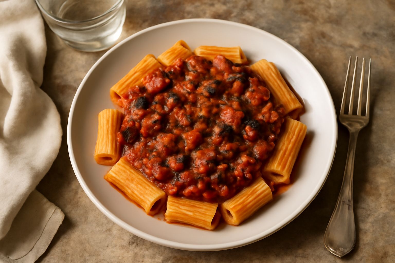 Ragù di melanzane denso e brunastro in una pentola di terracotta, con pezzi visibili di melanzana morbida, basilico fresco sopra, vapore leggero