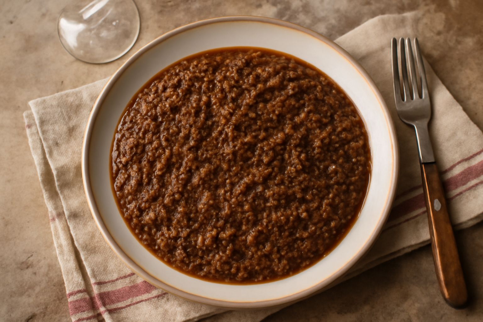 Piatto di pasta condito con ragù di Modica denso e marrone scuro, carne finemente macinata, superficie liscia e lucida, spolverato di formaggio grattugiato bianco