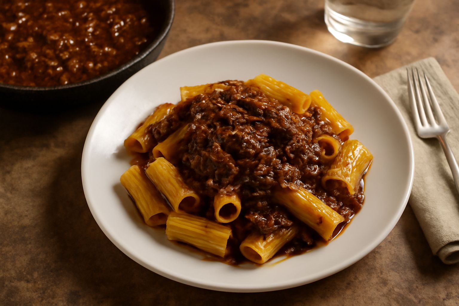 Ragù di oca denso e scuro in un piatto bianco fondo, con particelle di carne visibile, vapore che sale, servito con tagliatelle fresche all'uovo arrotolate intorno alla forchetta, grana grattugiato in