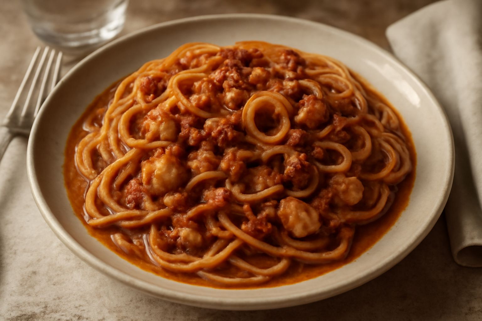 Un piatto di pasta ripieno di ragù di pesce: brodo denso rosso-bruno con pezzetti di pesce bianco, calamari e polpo, guarnito con prezzemolo fresco e un filo di olio extravergine
