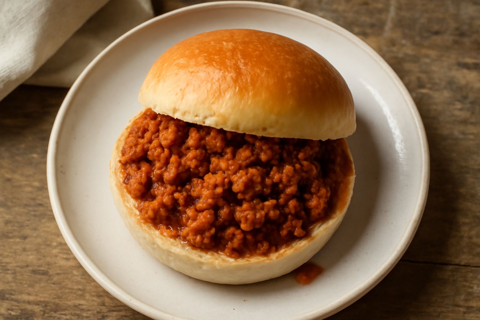 Panino bianco morbido ripieno di ragù di pollame rosso-marrone, guarnito con foglia di prezzemolo fresco, servito su piatto bianco. La salsa è visibile dai bordi del pane. Accanto, un bicchiere di acq