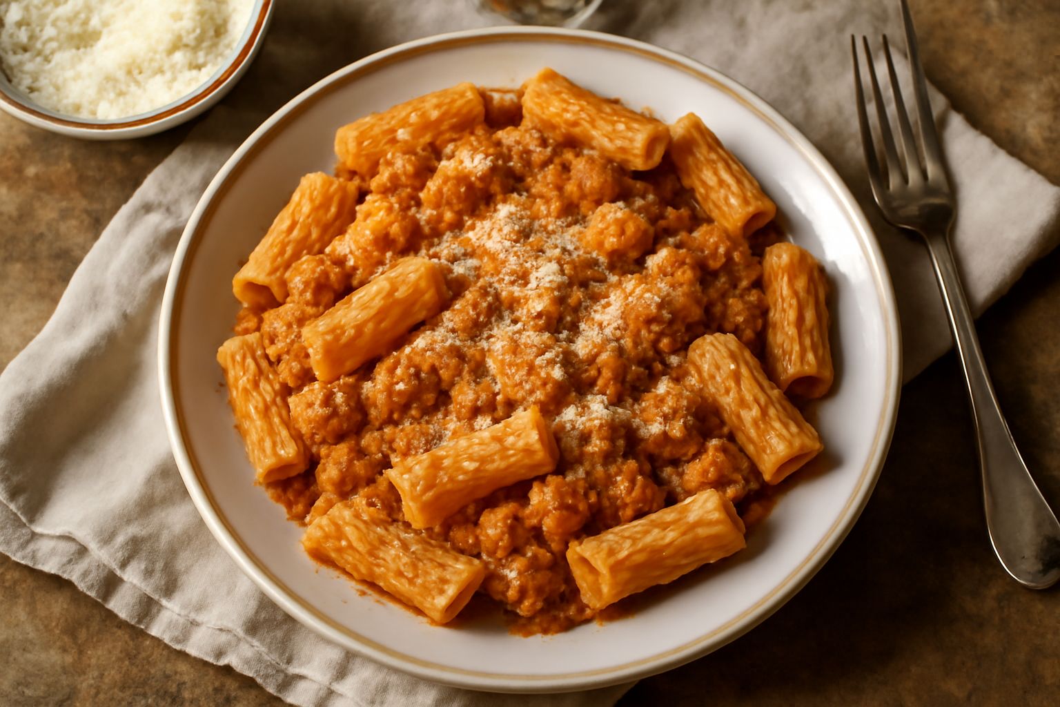 Piatto di tagliatelle condite con ragù di pollo cremoso e marrone chiaro, spolverato di parmigiano grattugiato, contorno di erba cipollina fresca, in ciotola di ceramica bianca