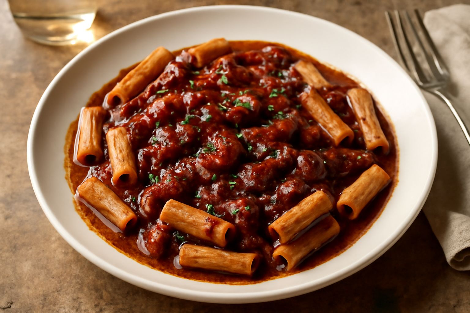 Piatto di pasta con ragù di polpo rosso scuro, pezzi di polpo tenero visibili nel sugo cremoso, guarnito con prezzemolo fresco verde e gocce di olio