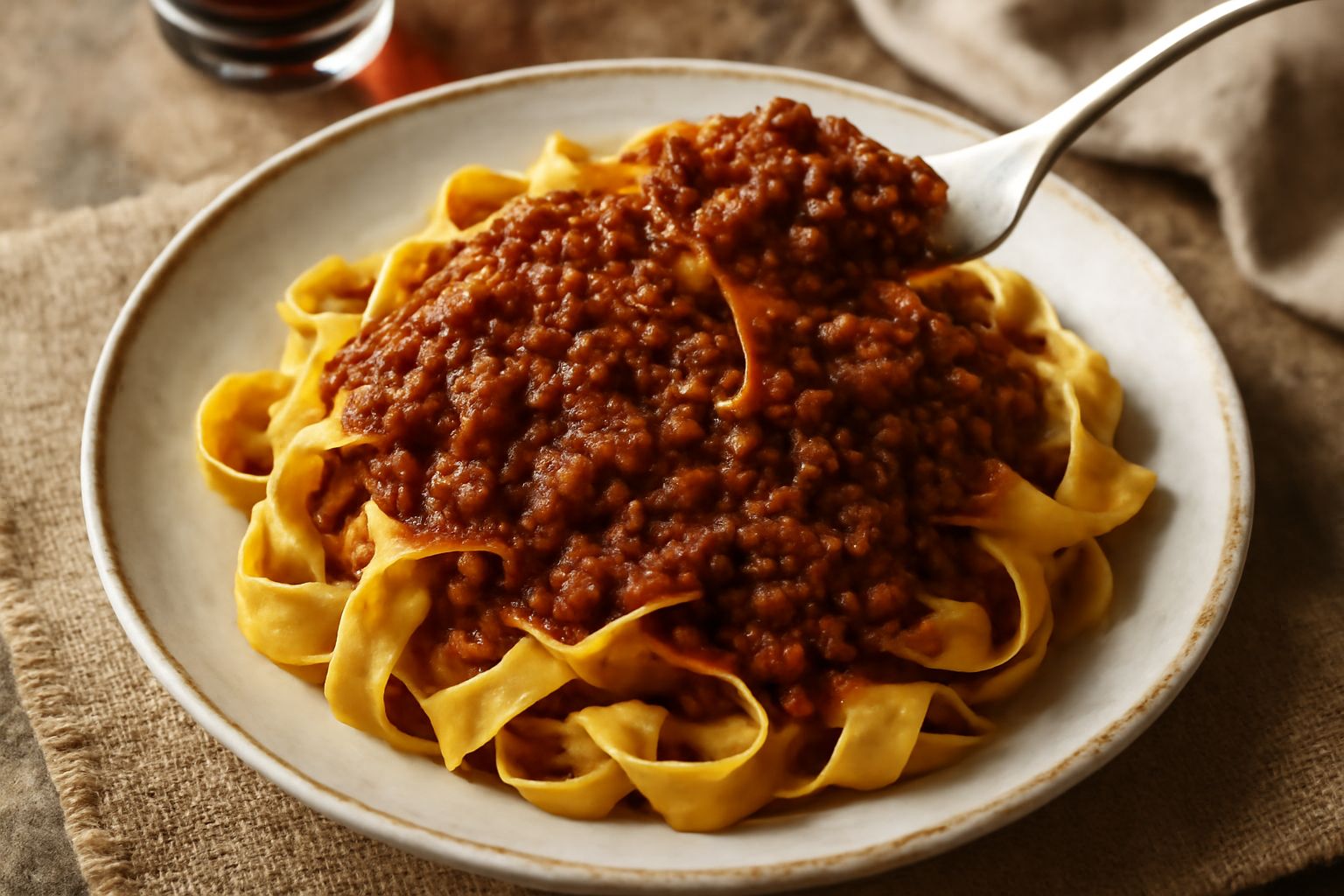 Un piatto fondo di pappardelle al ragù di selvaggina, sugo rosso scuro e denso che avvolge la pasta, guarnito con un filo d'olio e qualche foglia di prezzemolo fresco, fondo di legno scuro.