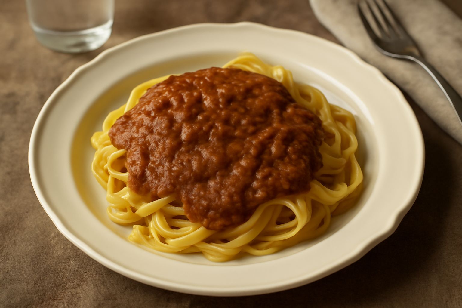 Ragù di vitello servito in una ciotola bianca, sugo denso marrone scuro con pezzi di carne visibili, guarnito con prezzemolo fresco, accanto a un cucchiaio di legno e un piatto di tagliatelle all'uovo