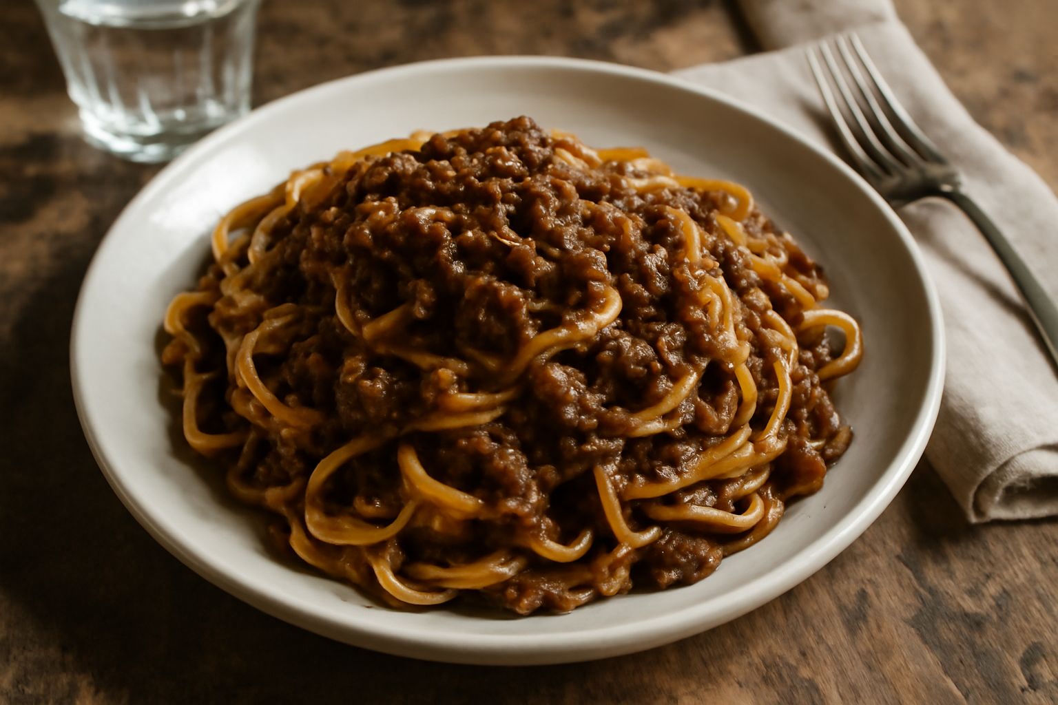 Piatto di tagliatella all'uovo ricoperto di ragù d'oca denso e marrone scuro, grattugiato di parmigiano fresco, in piatto bianco su tavolo di legno.