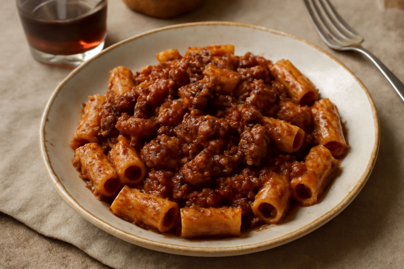 Un piatto bianco di pasta fresca condita con ragù marrone-rosso scuro, grumi di carne visibili, spolverato di formaggio grattugiato bianco, servito su tavolo di legno con un cucchiaio d'argento a lato