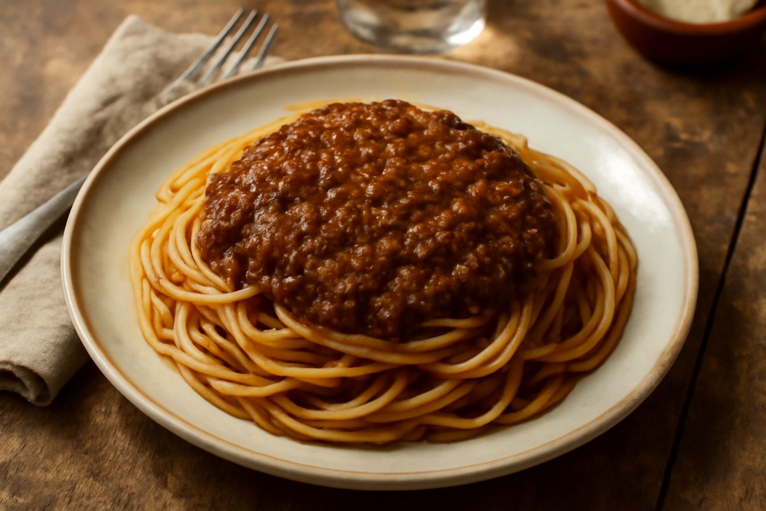 Ragù ferrarese denso e scuro in una pentola in ghisa, con carni ben integrate, circondato da verdure fresche: carota, sedano, cipolla, e un bicchiere di vino rosso sullo sfondo