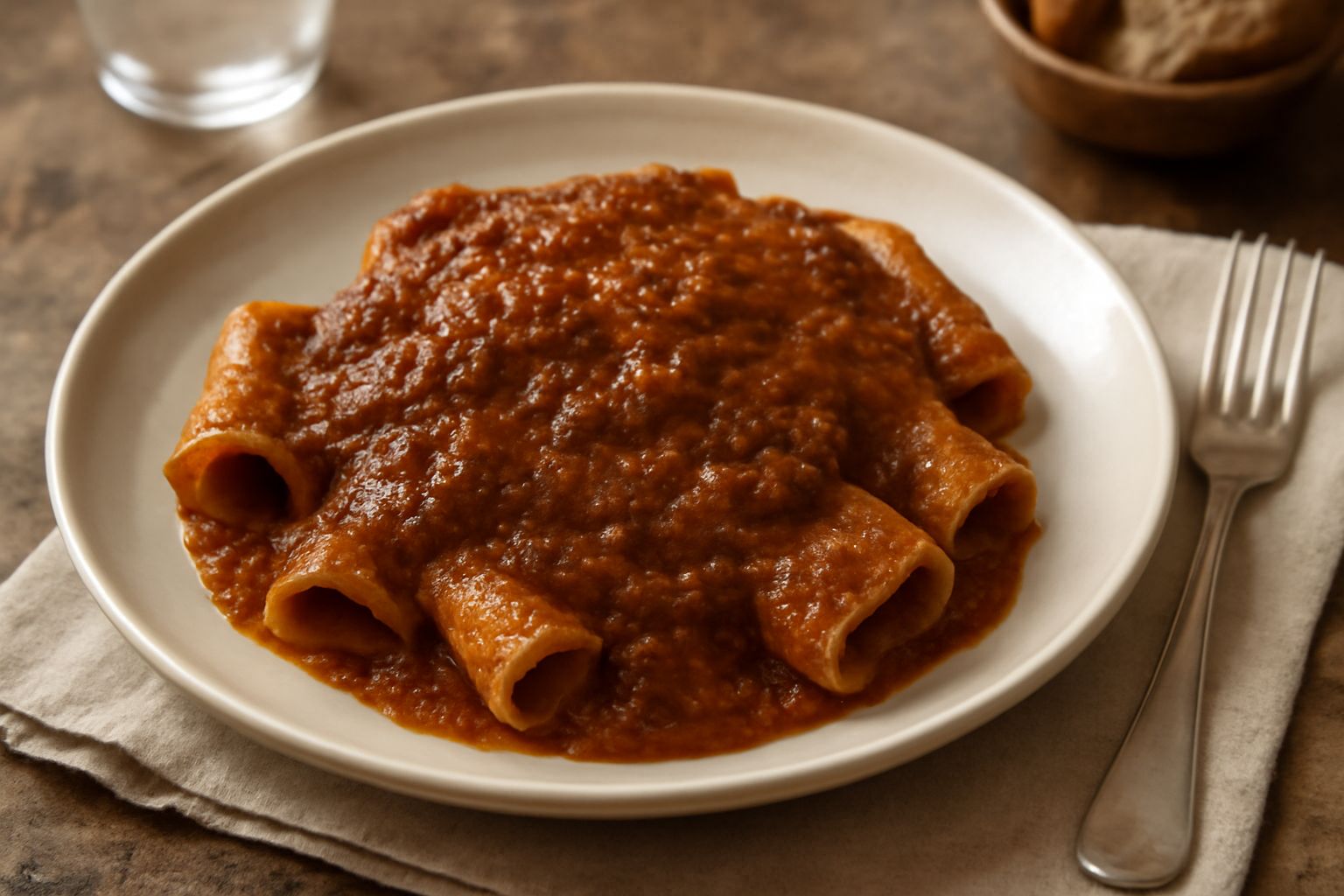 Un piatto fondo di pasta con ragù foggiano denso e marrone scuro, guarnito con parmigiano grattugiato bianco, cotto a fuoco lento per ore