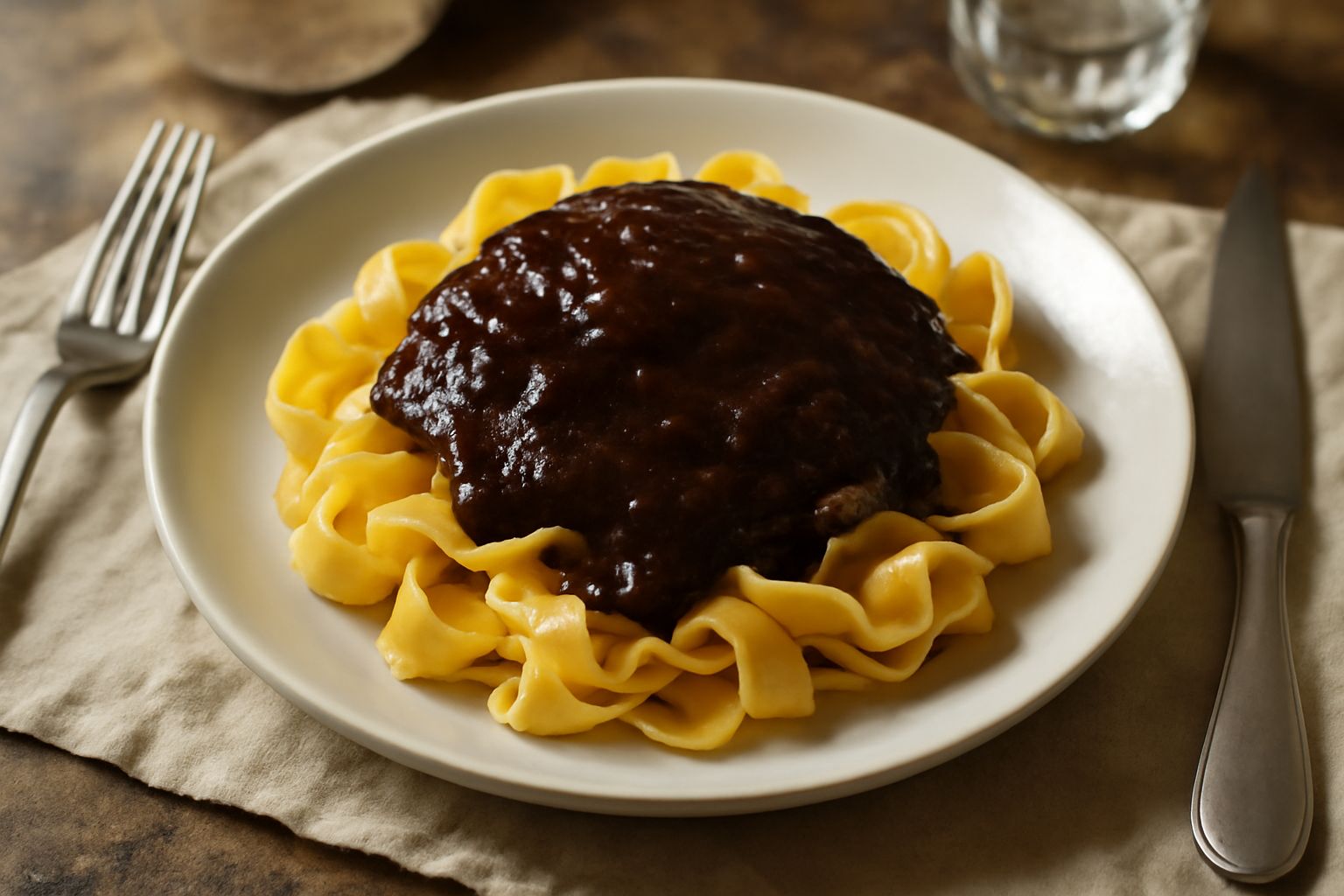 Ragù forlivese in pentola di coccio, denso e marrone scuro, con tracce di olio in superficie, accanto a una cucchiaio di legno e pepe nero macinato fresco
