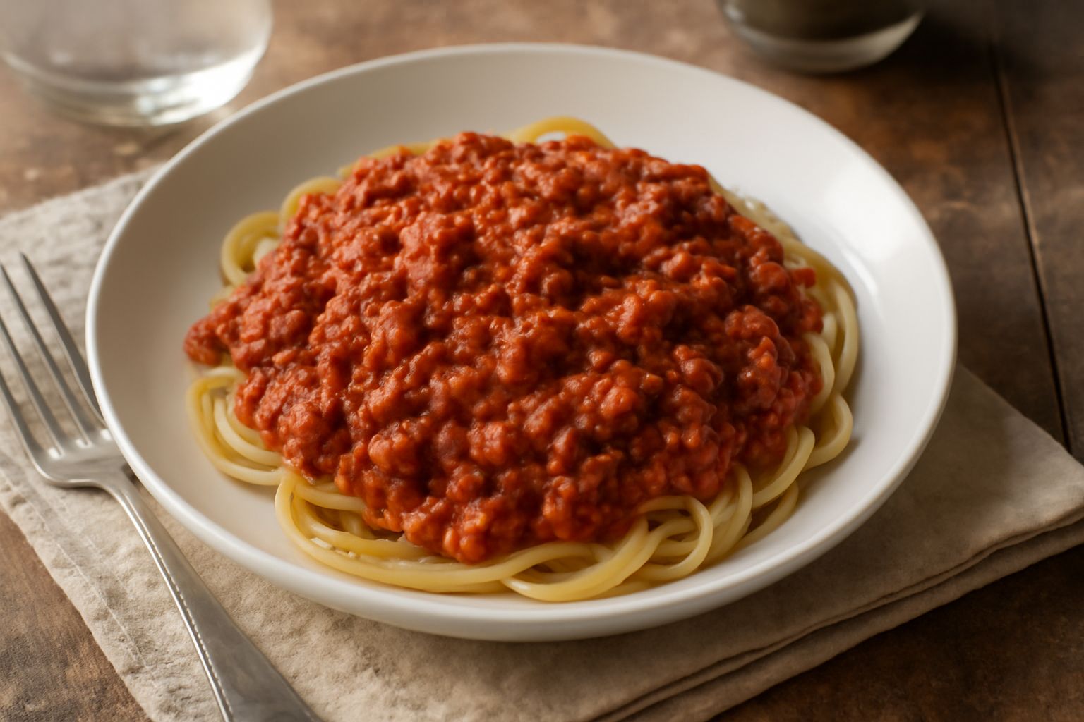 Piatto bianco con pasta fredda condita con ragù freddo rosso scuro, accanto un bicchiere di acqua fresca e foglie di basilico fresco verde, tavolo di legno naturale