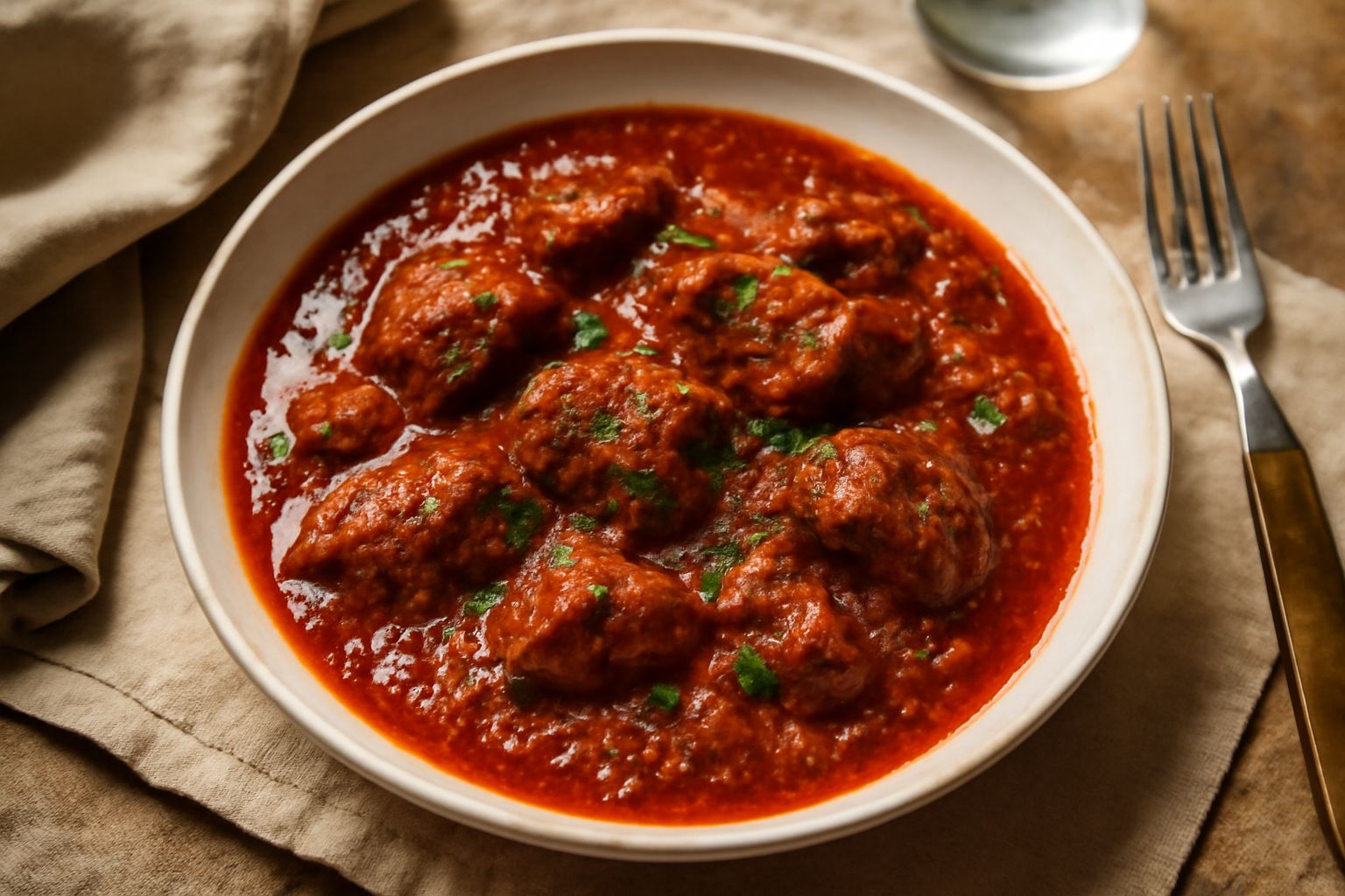 Una ciotola di ragù irpino rosso scuro con pezzi visibili di carne, spolverato di prezzemolo fresco tritato, servito in un piatto di ceramica bianca su un tavolo di legno