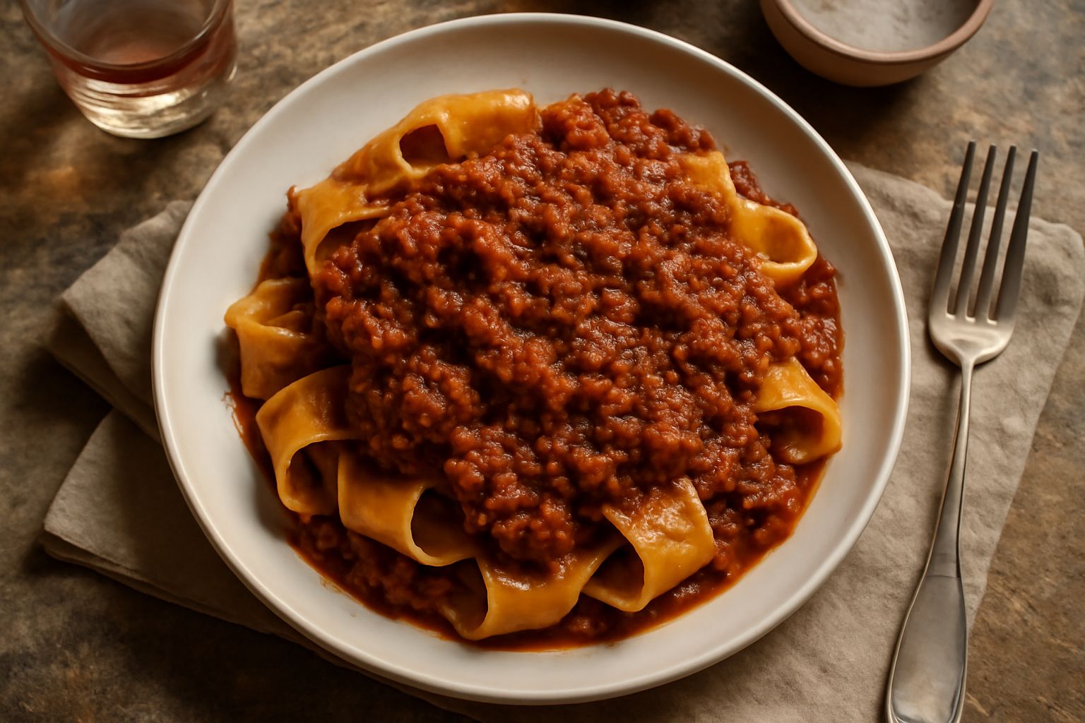Piatto di pasta fresca con ragù laziale denso color marrone rosso, un cucchiaio di legno dentro il piatto, formaggio grattugiato bianco sparso sopra, su tavolo di legno