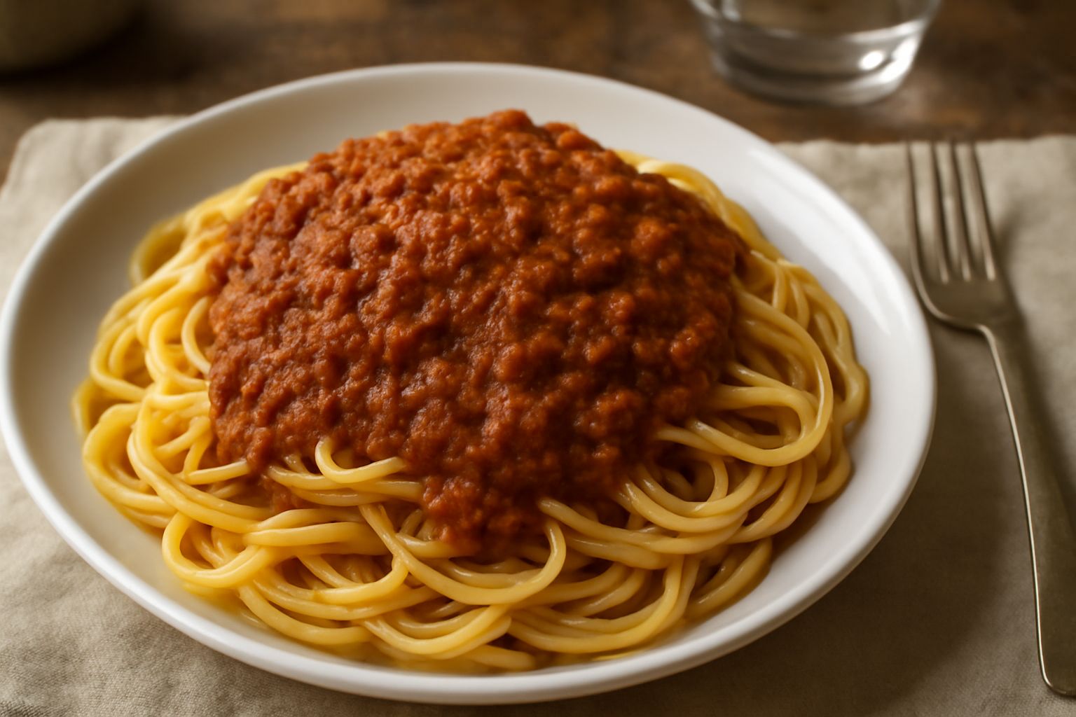 Ragù leccese in una ciotola di ceramica bianca, sugo denso marrone-rosso con granuli di carne visibili, servito sopra pasta fresca in primo piano, decorato con una foglia di basilico fresco