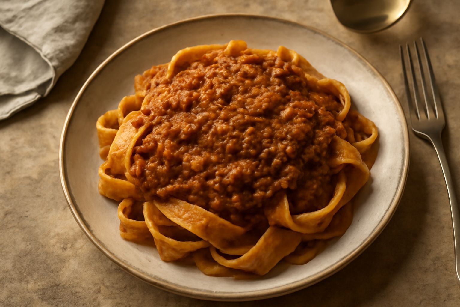 Piatto di pappardelle larghe condite con ragù lucchese marrone rossiccio, guarnito con pecorino grattugiato bianco, su piatto bianco fondo neutro