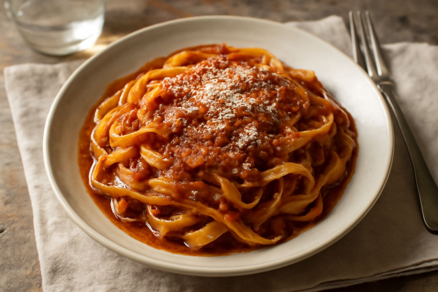 Piatto di pappardelle al ragù marchigiano con sugo denso rosso-marrone, carni sminuzzate e brillantezza del sugo, grattugia di parmigiano sopra, su fondo bianco