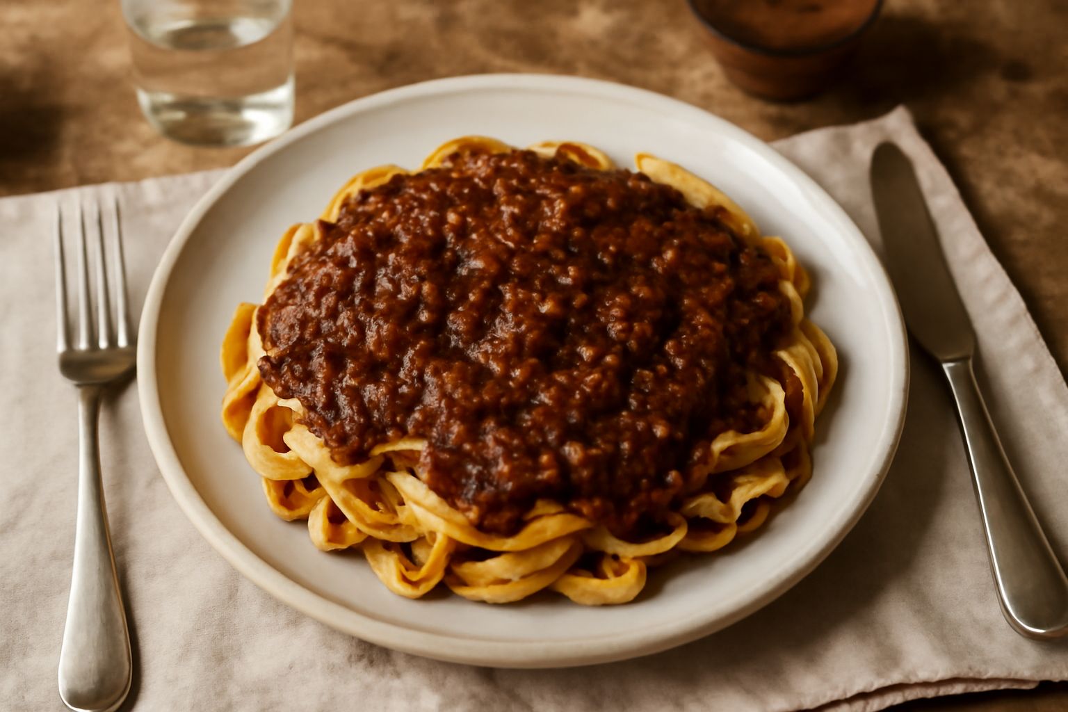 Ragù marsalese in un piatto bianco sopra spaghetti, marrone scuro denso con particelle di carne visibile, guarnito con prezzemolo verde e parmigiano grattugiato