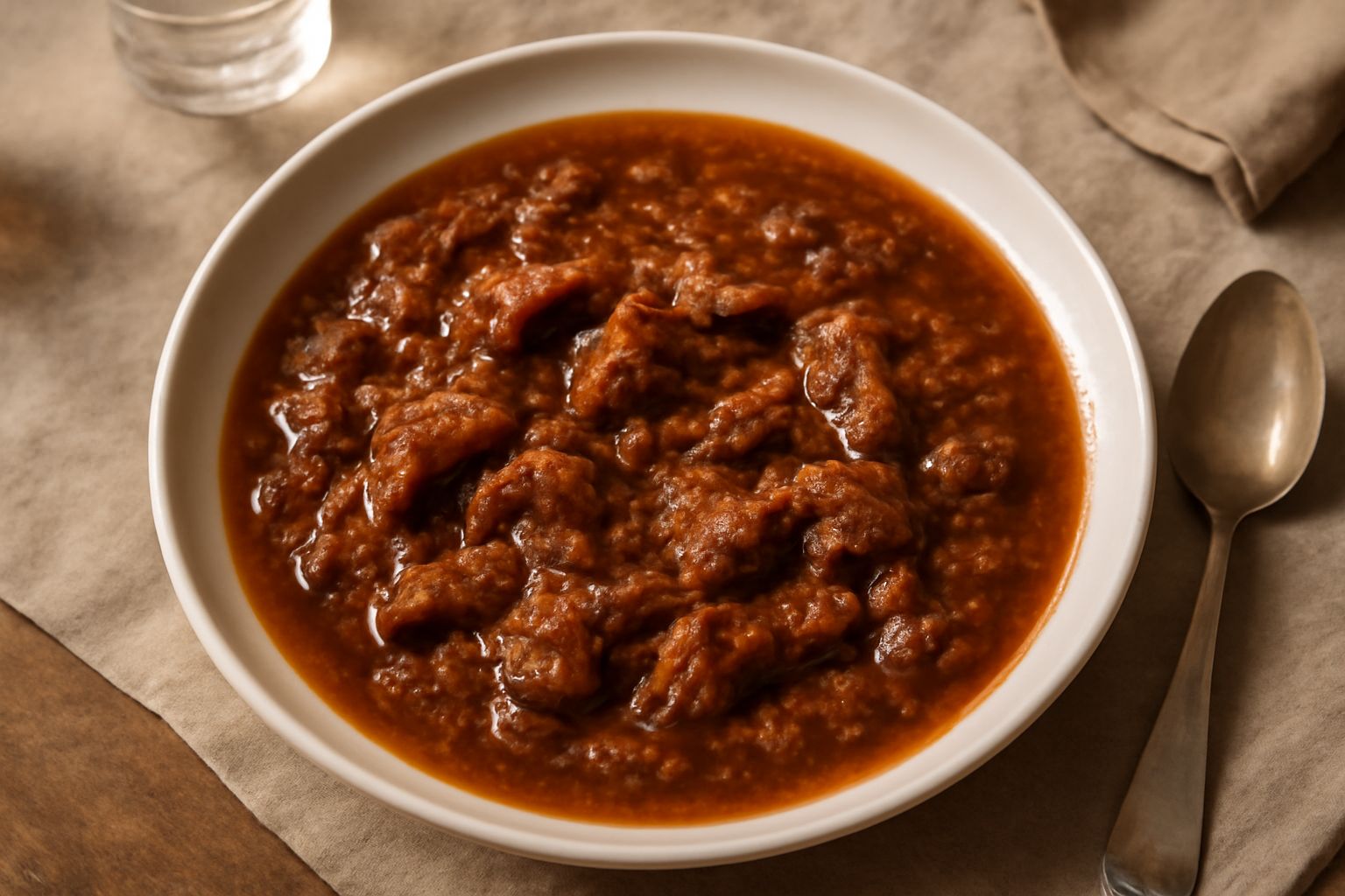 Ragù messinese servito in un piatto bianco, sugo denso color marrone scuro con pezzi di carne visibili, accompagnato da pasta lunga bianca, decorato con foglia di basilico fresco