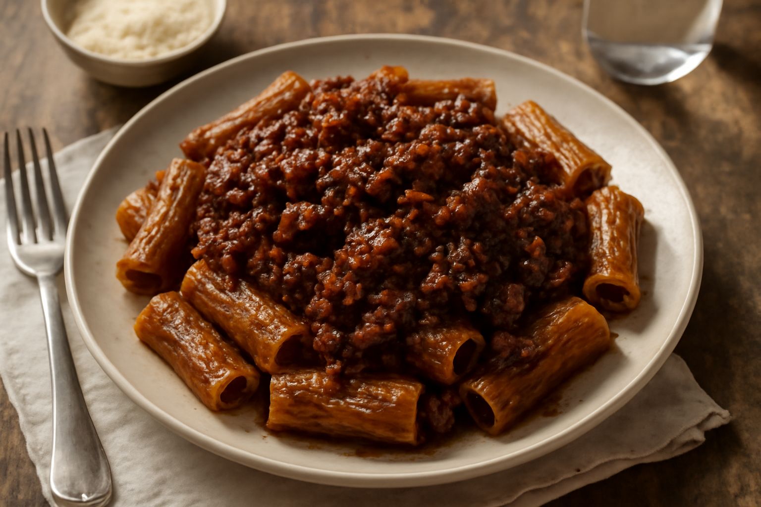 Piatto di pasta con ragù molisano denso e marrone scuro, guarnito con parmigiano grattugiato bianco e prezzemolo fresco verde, porzione generosa su fondo bianco