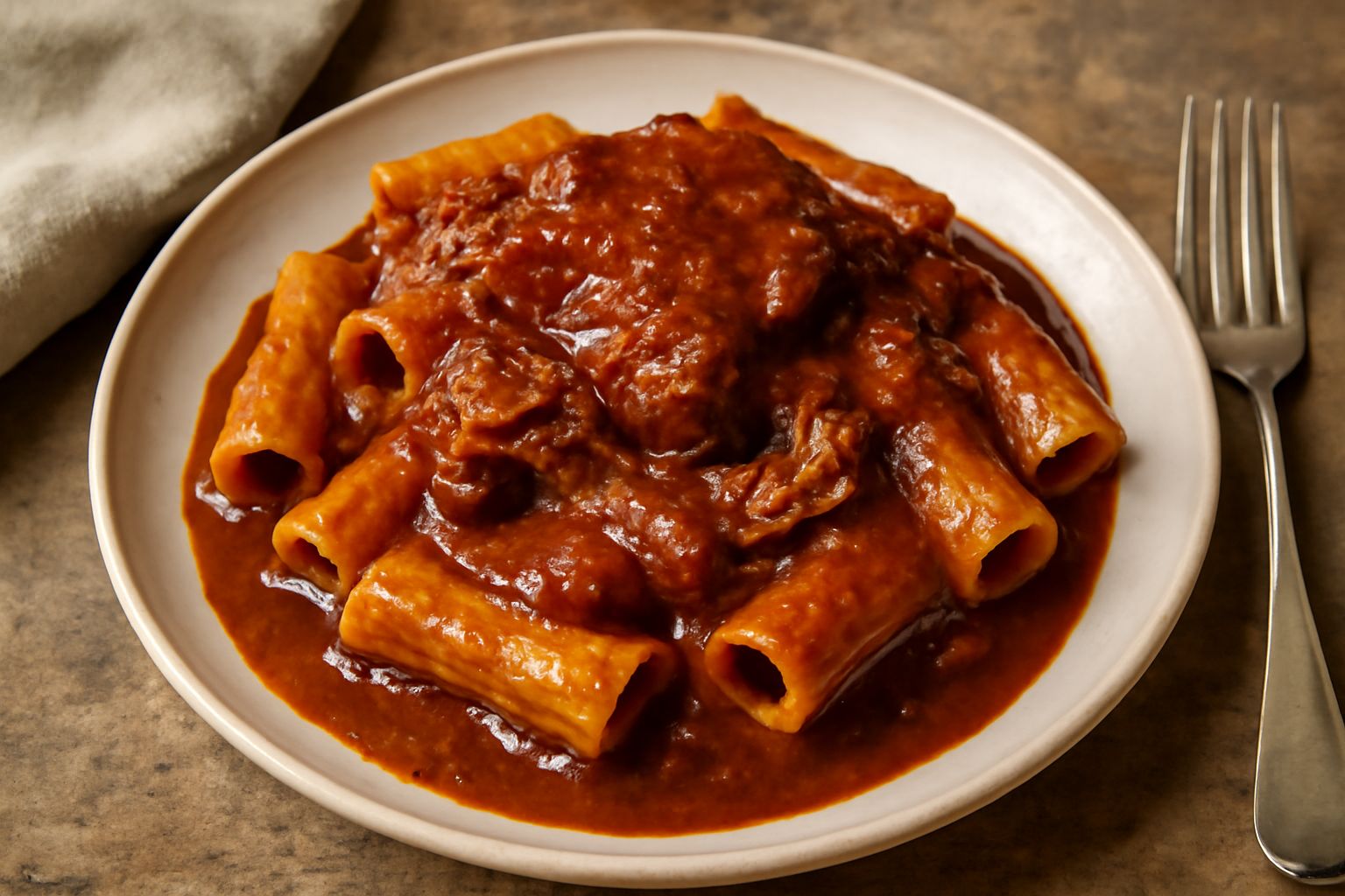 Ragù napoletano denso e scuro in pentola di coccio, con pezzi visibili di carne morbida, vapore che sale, servito in un piatto bianco con pasta al ragù e formaggio grattugiato