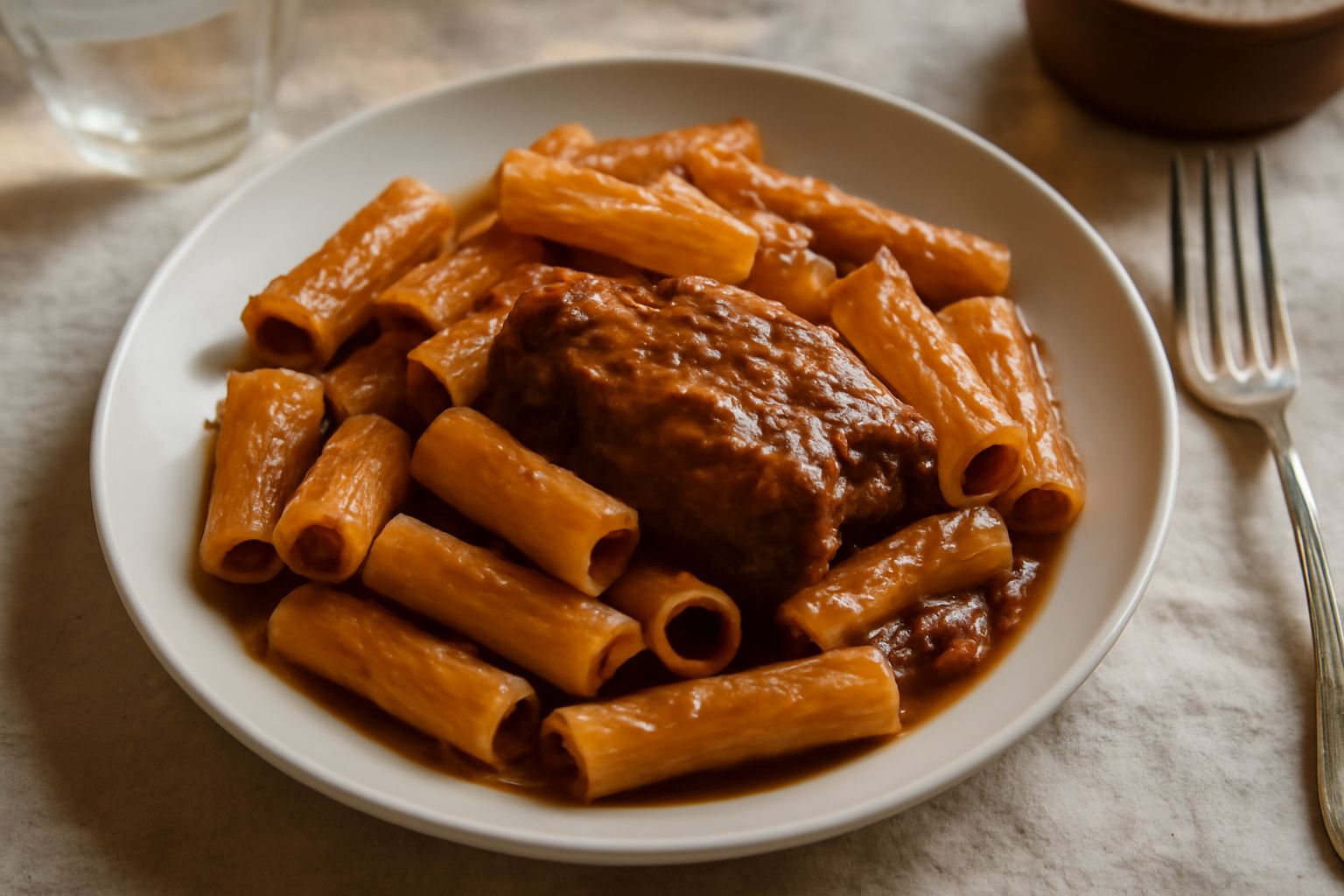 Un piatto fondo bianco con pasta rigatoni coperta da ragù napoletano marrone scuro e ricco, carne rosso-bruno visibile, superficie lucida, grattugia di formaggio fresco accanto, vapore appena percetti