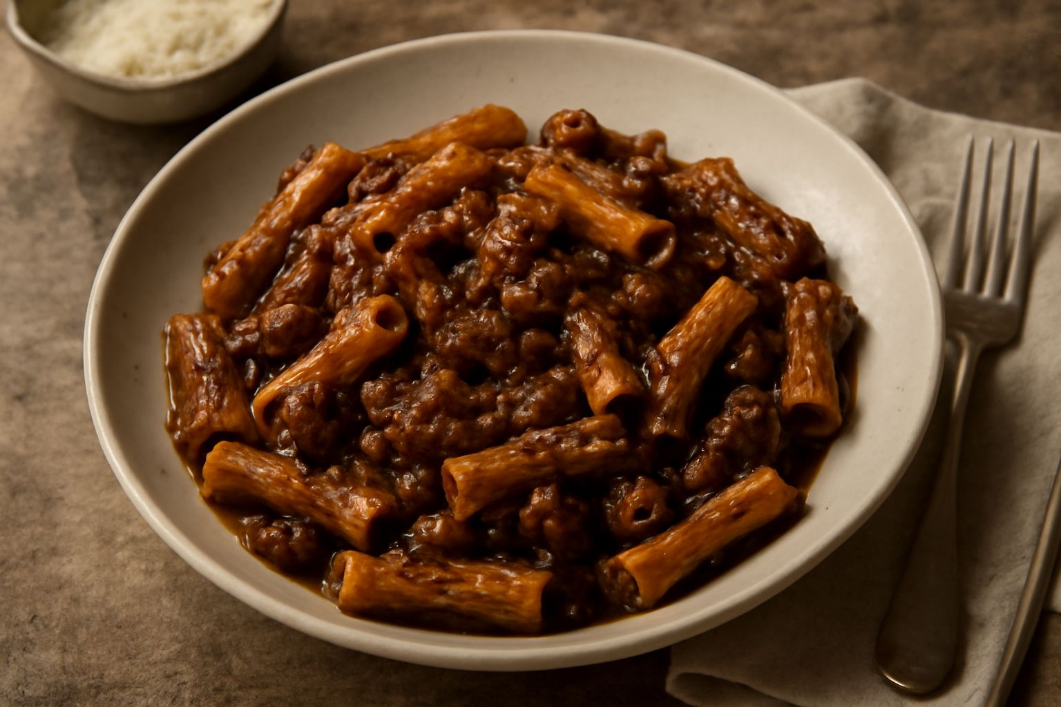 Piatto di pasta con ragù palermitano denso e scuro, carne visibile nei grumi, sugo lucido che ricopre gli spaghetti, guarnito con prezzemolo fresco verde e una macinata di pepe nero