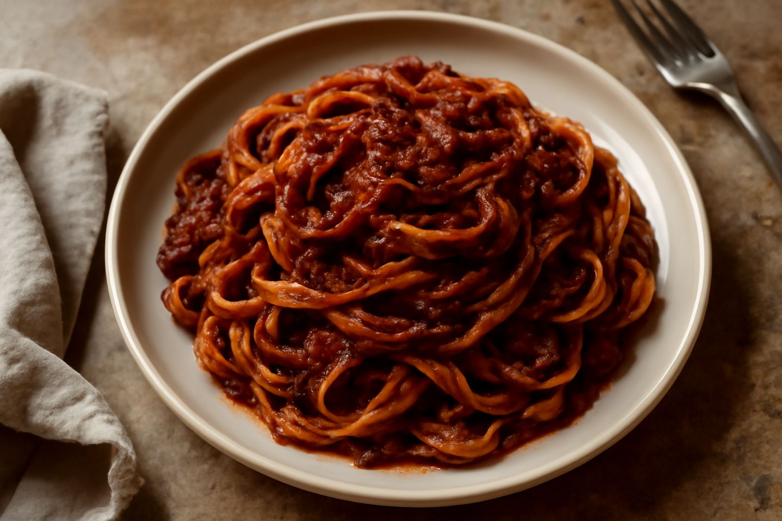 Ragù perugino denso e scuro in un piatto bianco servito sopra pappardelle fresche, con formaggio grattugiato e foglie di prezzemolo fresco accanto
