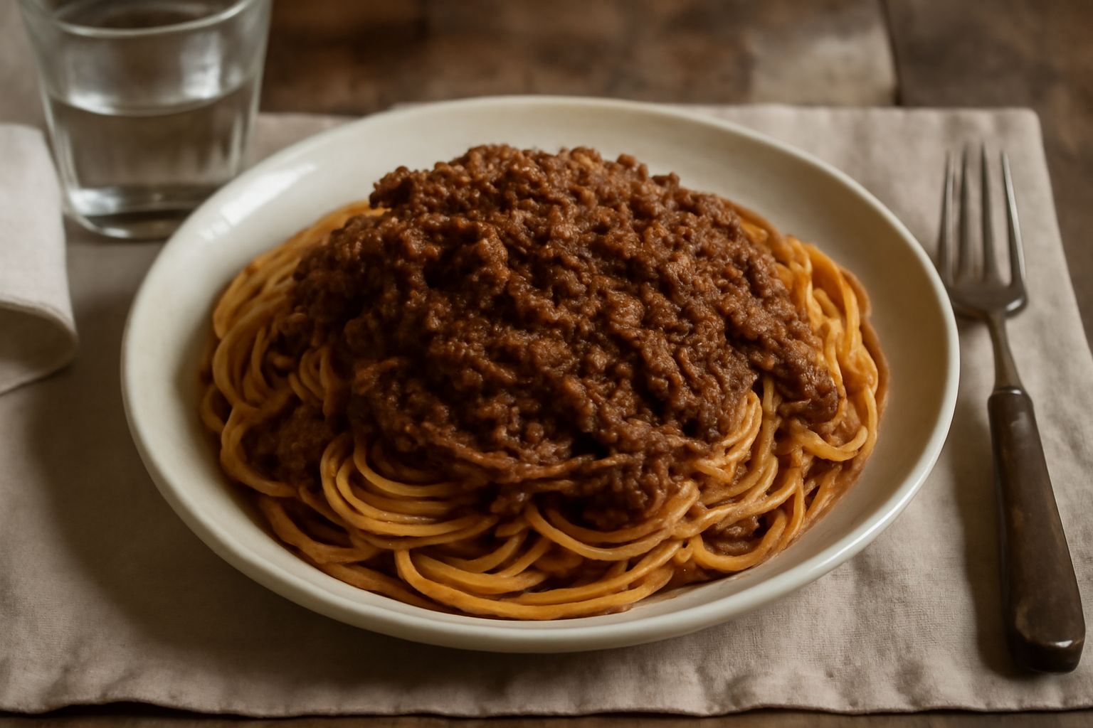 Ragù pescarese servito su piatto bianco con spaghetti, ragù denso e marrone scuro con particelle di carne visibili, guarnito con parmigiano grattugiato e prezzemolo fresco
