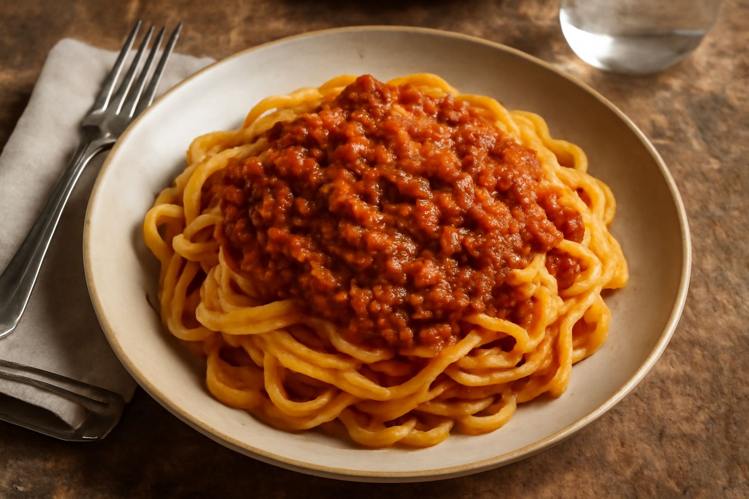 Ragù piacentino in piatto bianco: salsa rosso-marrone densa con pezzetti di carne e verdure, con tagliatelle all'uovo sottostanti, profilo laterale che mostra la consistenza vellutata