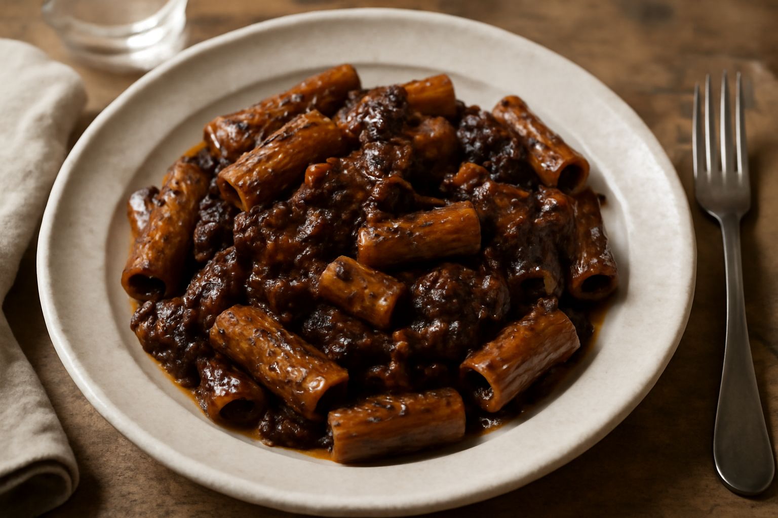 Piatto di pasta rigatoni condito con ragù ragusano scuro e denso, spolverato di formaggio grattugiato, con un cucchiaio colmo di sugo, sfondo bianco