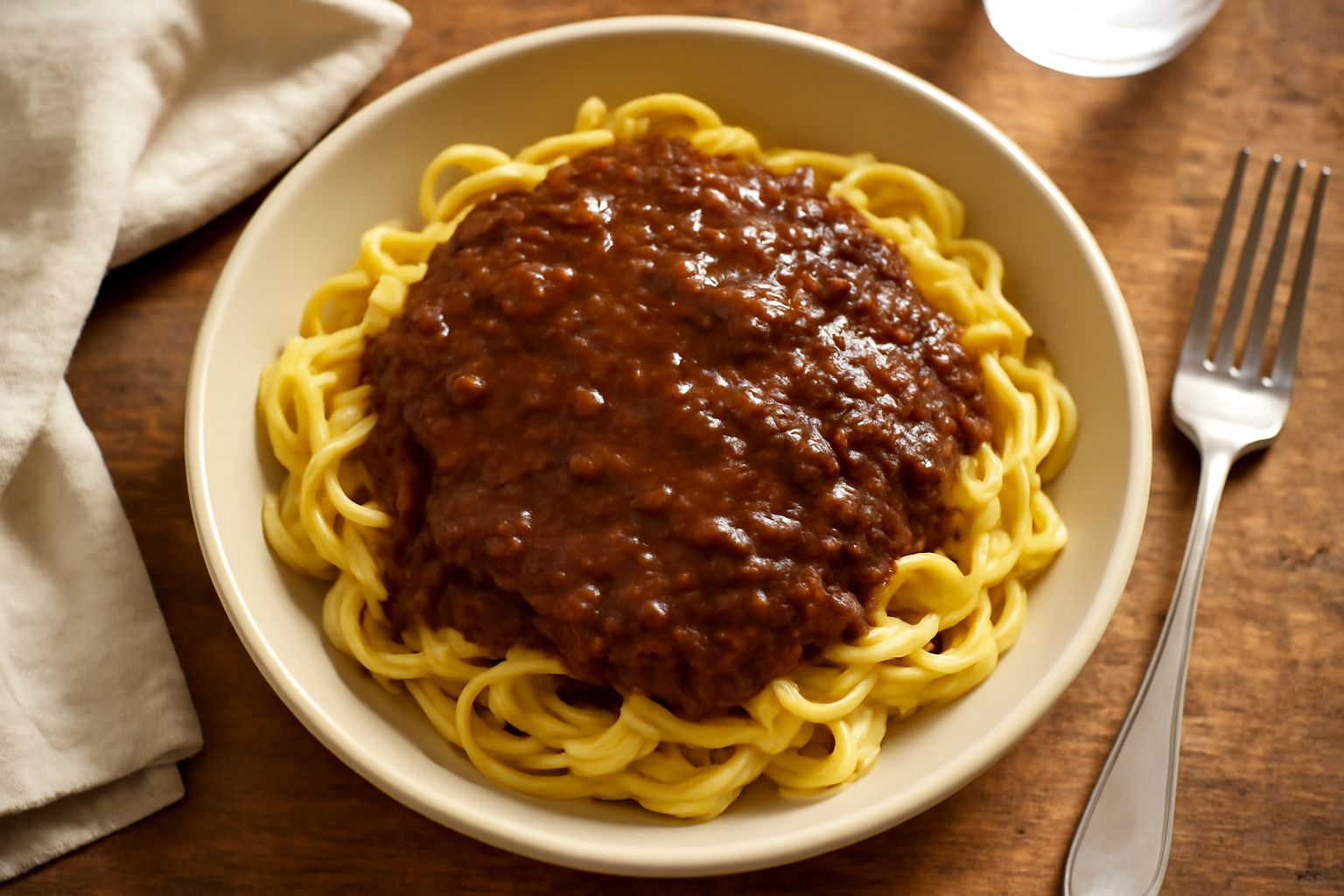 Ragù reggiano in una pentola di coccio, denso e di colore bruno scuro con particelle di carne visibile, accanto a cucchiaio di legno e foglie di basilico