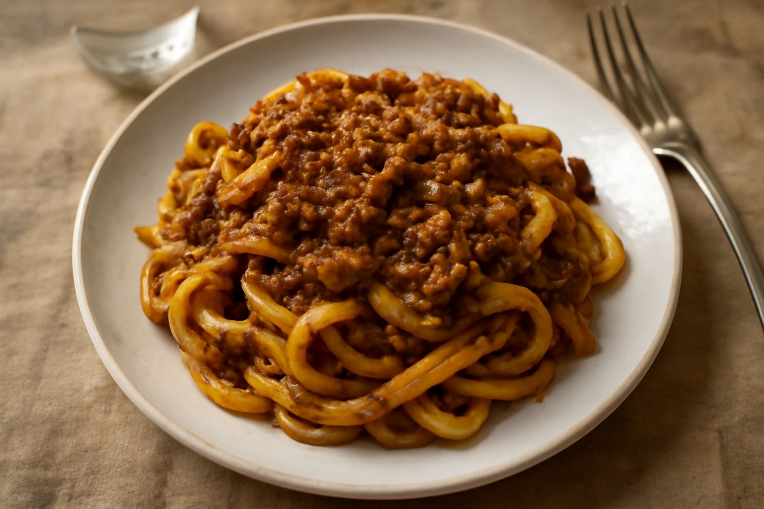 Un piatto fondo di tagliatelle fresche con ragù riminese denso e marrone scuro, guarnito con formaggio grattugiato, accanto una tazza di brodo caldo e un cucchiaio di legno