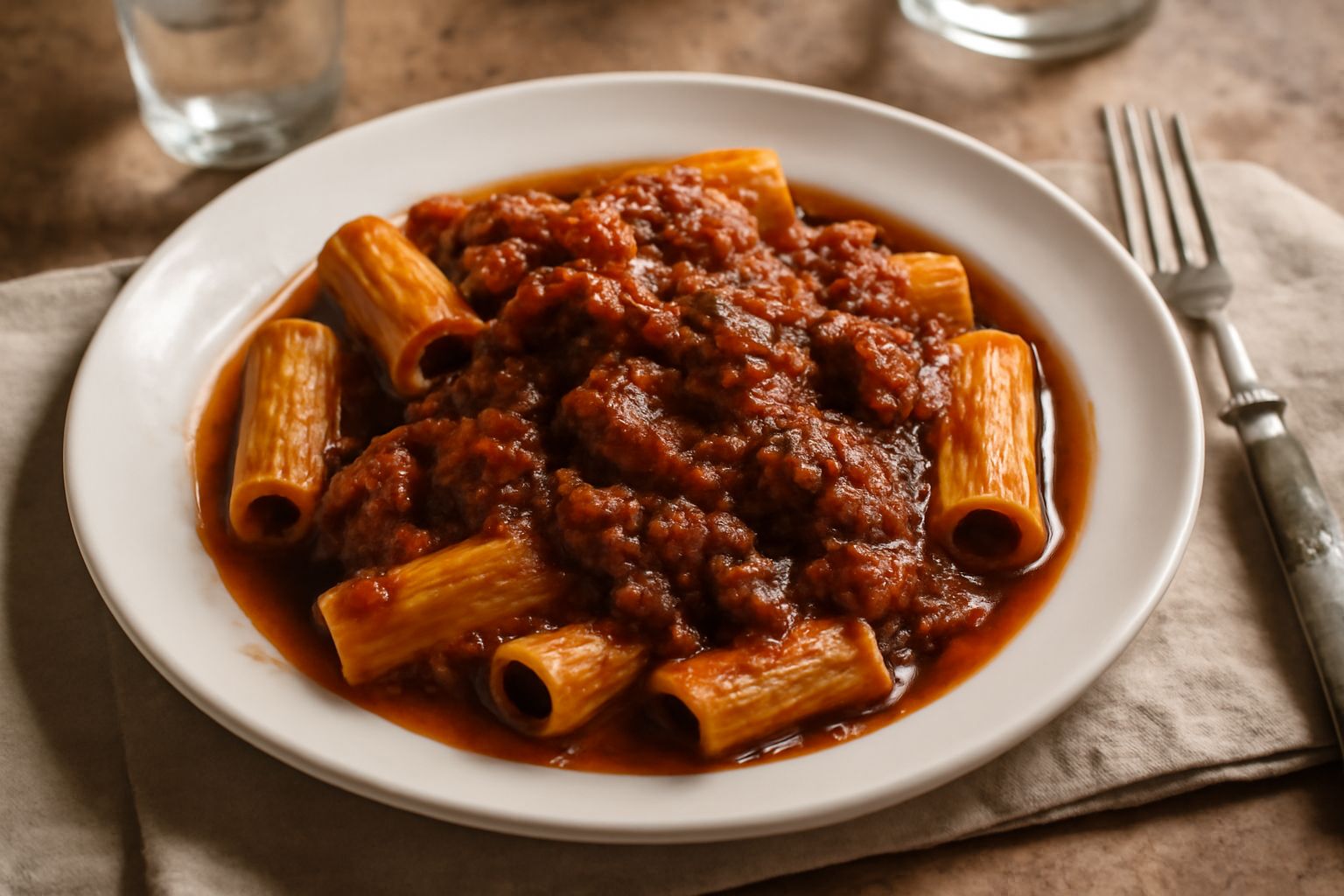 Ragù salernitano su piatto bianco: sugo rosso-bruno denso con pezzetti di carne visibili, servito con pasta fresca, guarnito da basilico verde e parmigiano grattugiato