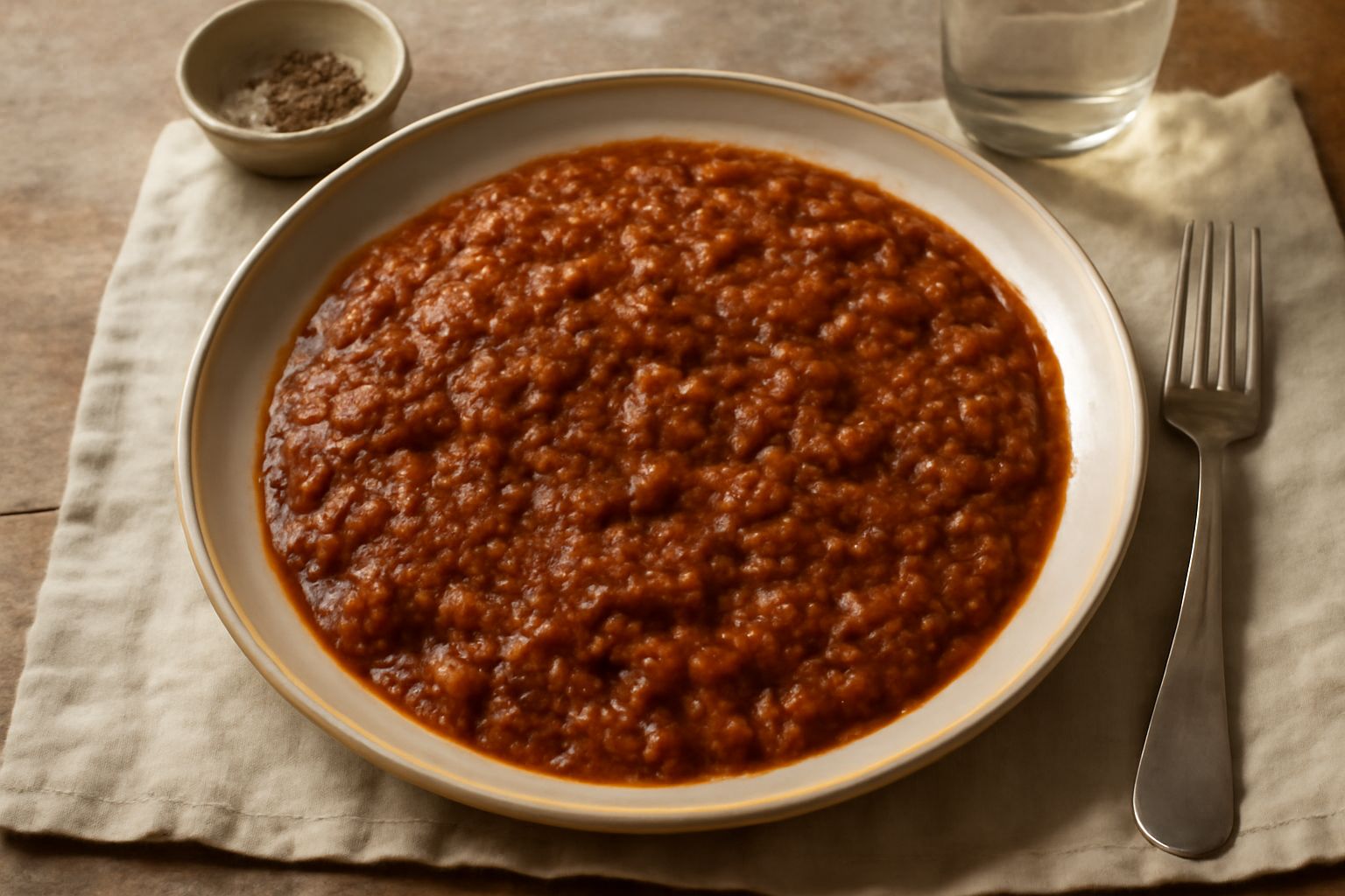 Ragù siciliano in una ciotola bianca: salsa marrone scuro e densa con pezzetti di carne visibili, un cucchiaio di legno dentro, sfondo di legno rustico