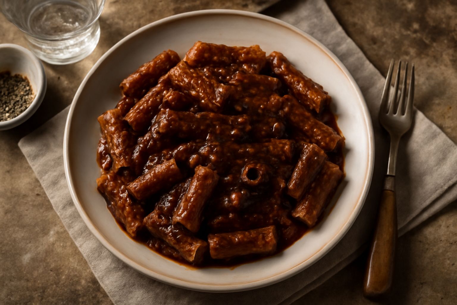 Piatto di pasta fresca rivestita di ragù scuro e denso, con parti di carne visibili, accompagnato da pomodori rossi e un cucchiaio di legno accanto