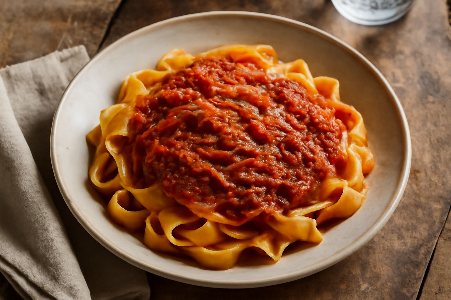 Ragù sorrentino denso e rosso scuro servito in un piatto bianco con pappardelle fresche, guarnito con basilico fresco, con un cucchiaio di legno dentro e briciole di parmigiano grattugiato