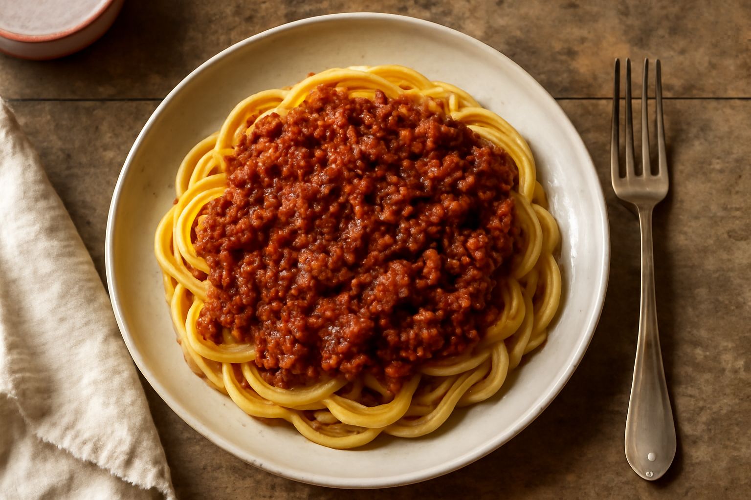 Un piatto di pasta alle tagliatelle condita con ragù ternano: sugo rosso scuro con pezzi di carne visibili, coperto da formaggio grattugiato bianco, bordo del piatto di ceramica bianca