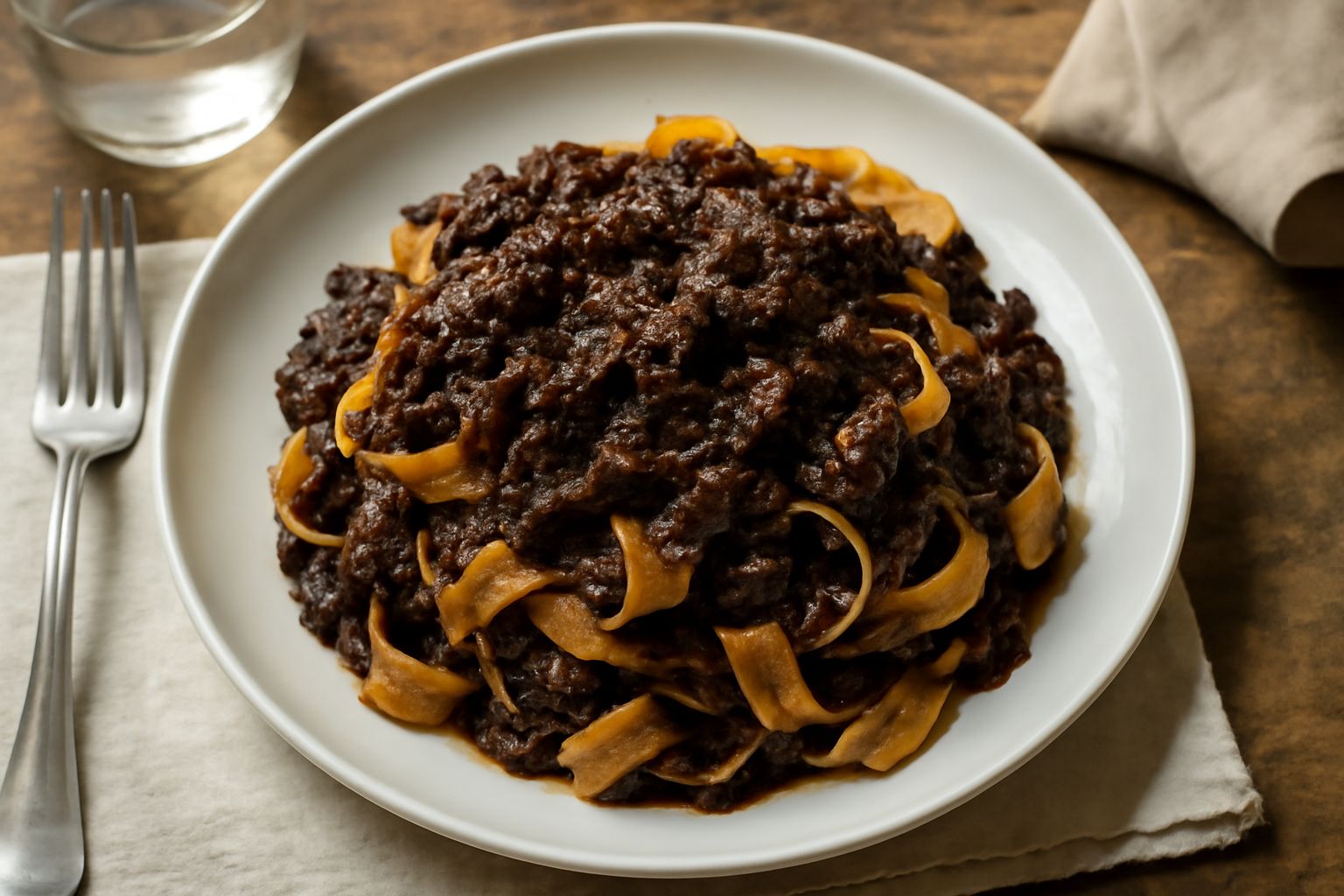 Un piatto di pappardelle coperto di ragù toscano marrone scuro, visibile la carne cotta, servito in un piatto bianco con un cucchiaio di legno accanto