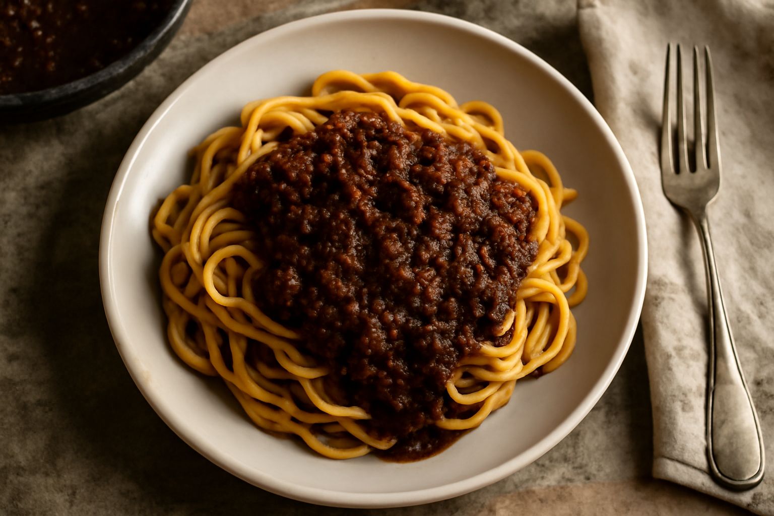 Pentola di ragù in cottura con carne macinata marrone scuro, salsa di pomodoro rosso brunastro, cipolla e sedano visibili nel sugo denso, vapore caldo che sale, cucchiaio di legno appoggiato al bordo