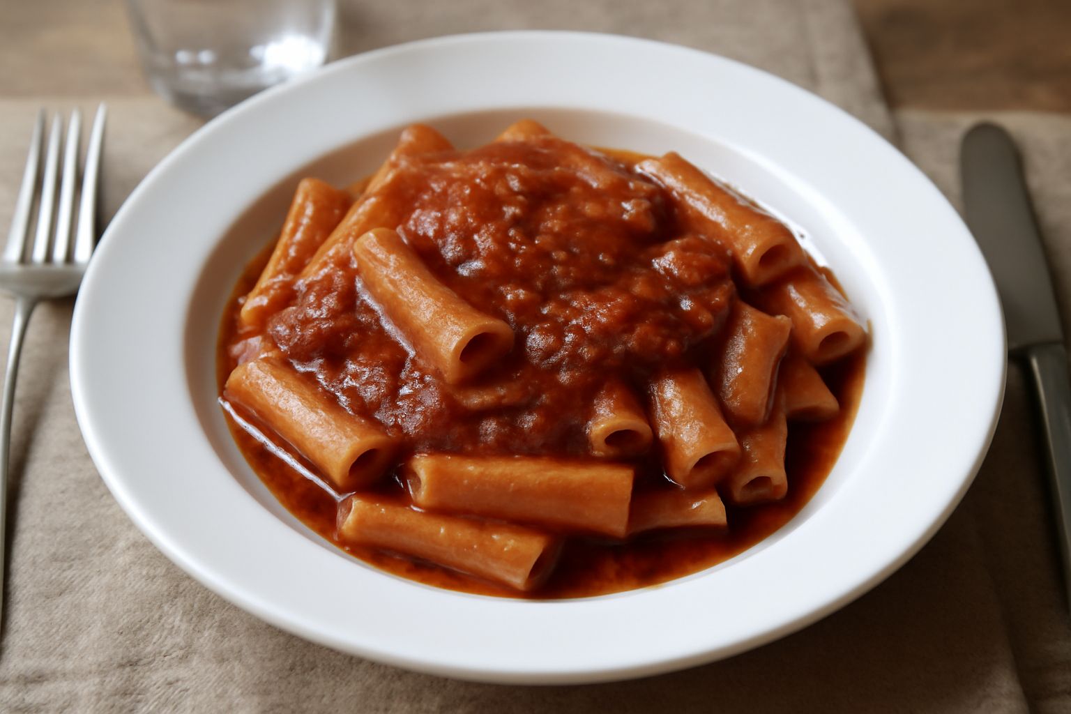 Piatto di pasta con ragù trapanese: sfumature rosse e marroni del sugo denso che ricopre spaghetti o rigatoni, con tracce di olio in superficie e basilico verde fresco da aggiungere