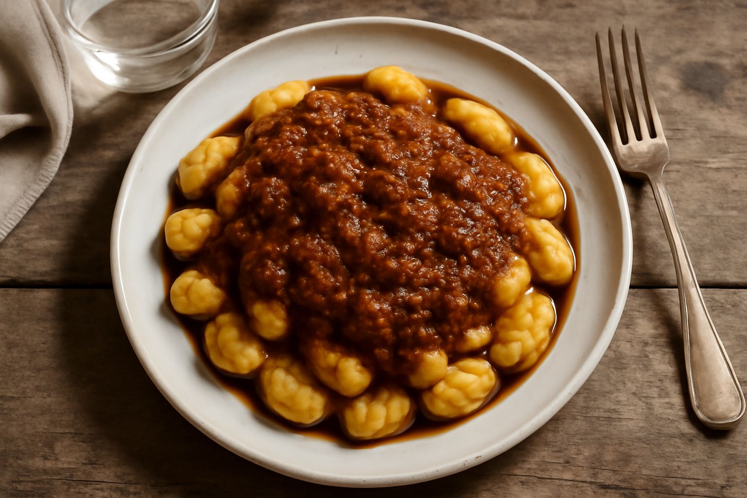Ragù trentino in una pentola di terracotta, denso e marrone scuro, con vapore che sale, accanto a tagliatelle fresche non condite e un bicchiere di vino rosso