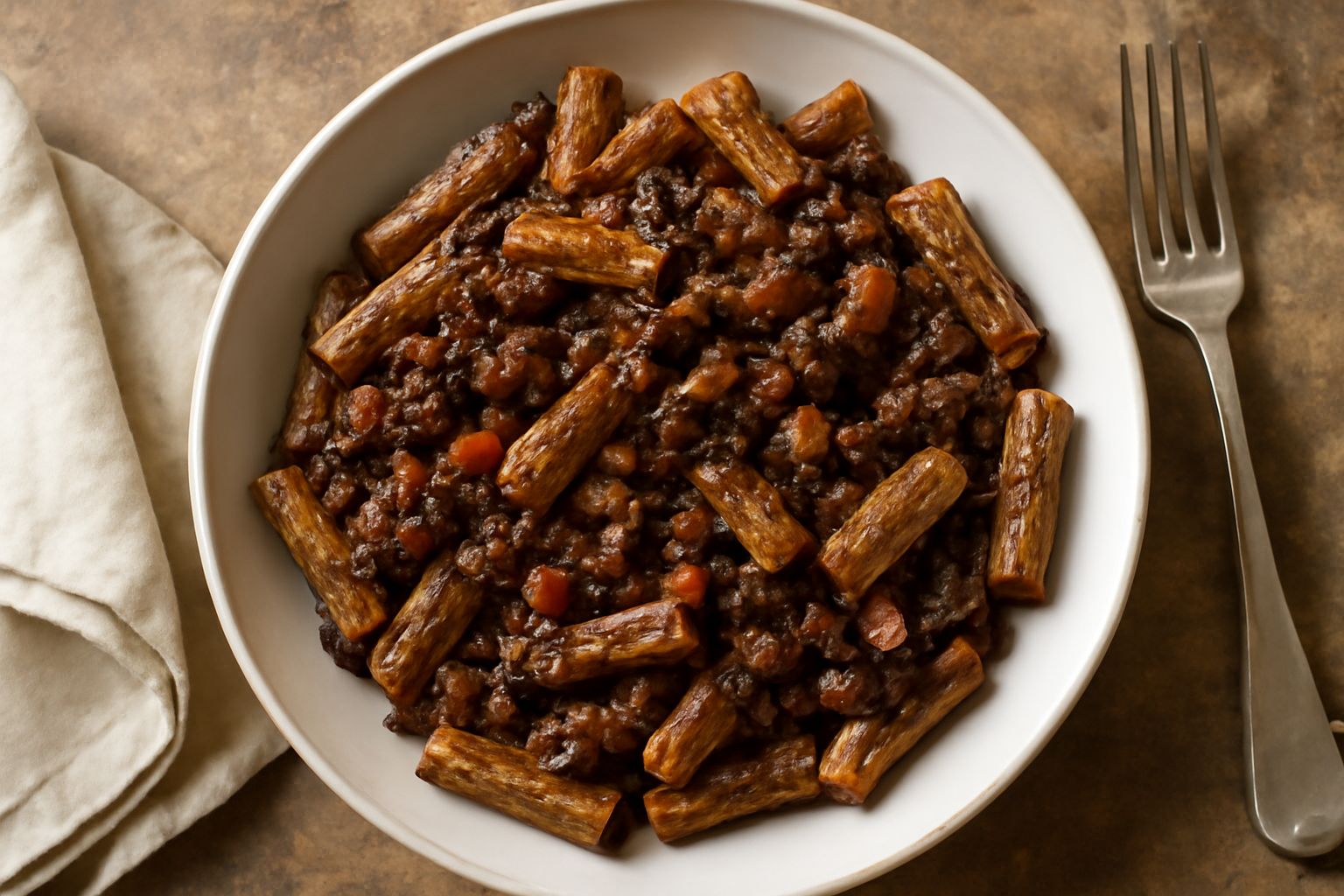 Piatto bianco con pasta corta ricoperta di ragù triestino scuro e denso, dadini di pancetta rosata in evidenza, gocce di sugo ai bordi, cucchiaio in metallo sul lato